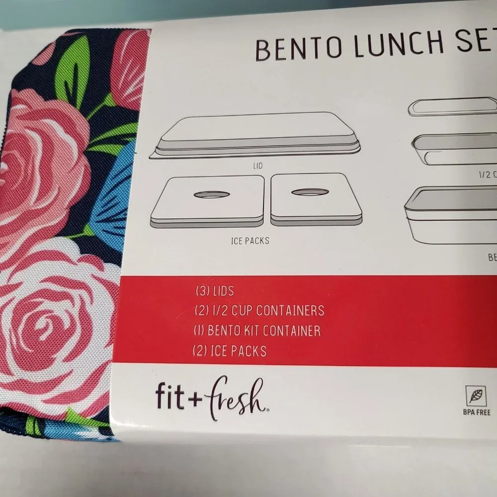 Fit & Fresh Bento Lunch Set 9 Pc Floral w 2 Ice Packs Insulated Zip Bag NEW